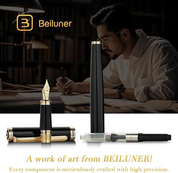 BEILUNER Black Fountain Pen,Stunning Luxury Pens with 24K Gold Accents, Gorgeous 24K Gilded Nib(Fine), Trustworthy Pen Gift for Men&Women -Ink Converter-Elegant, Reliable,Fancy Pen for Writing
