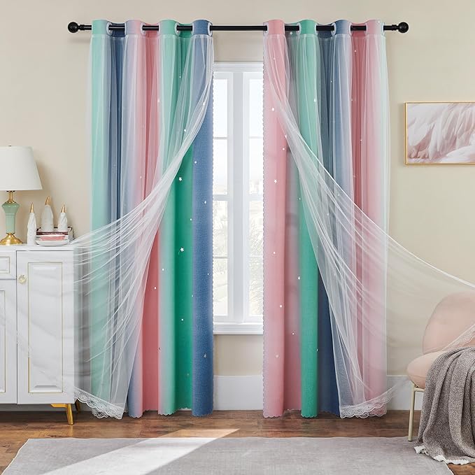 XiDi Pink Green Grey Kids Room Curtains, 1 Panel