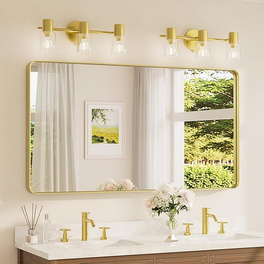 TETOTE 55 x 30 Inch Bathroom Mirror, Brushed Gold Metal Framed Wall Mounted