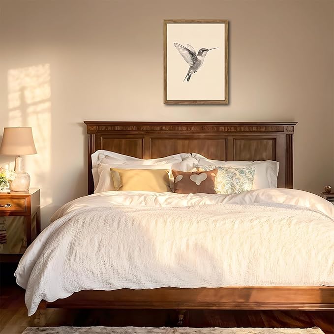 Vintage Framed Wall Art, Birds Canvas Prints, Hummingbird Sketch Painting