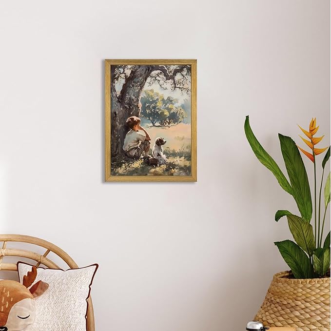 Wood Framed Canvas Wall Art, Vintage Boy and Dog Painting Poster, Countryside