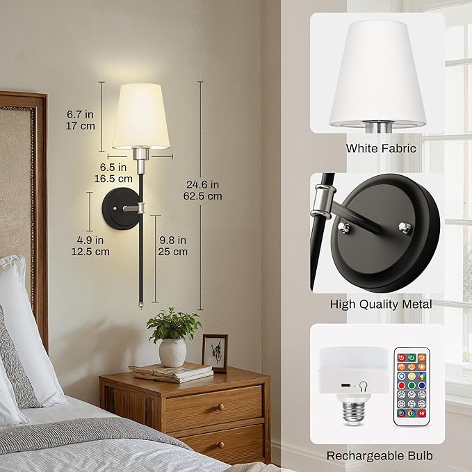 DORESshop Battery Operated Wall Sconce Set of 2, Wireless Wall Light Easy to