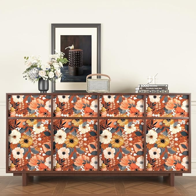 BOKEBEVE Extra Long Orange Wallpaper Stick and Peel Boho Floral Contact Paper
