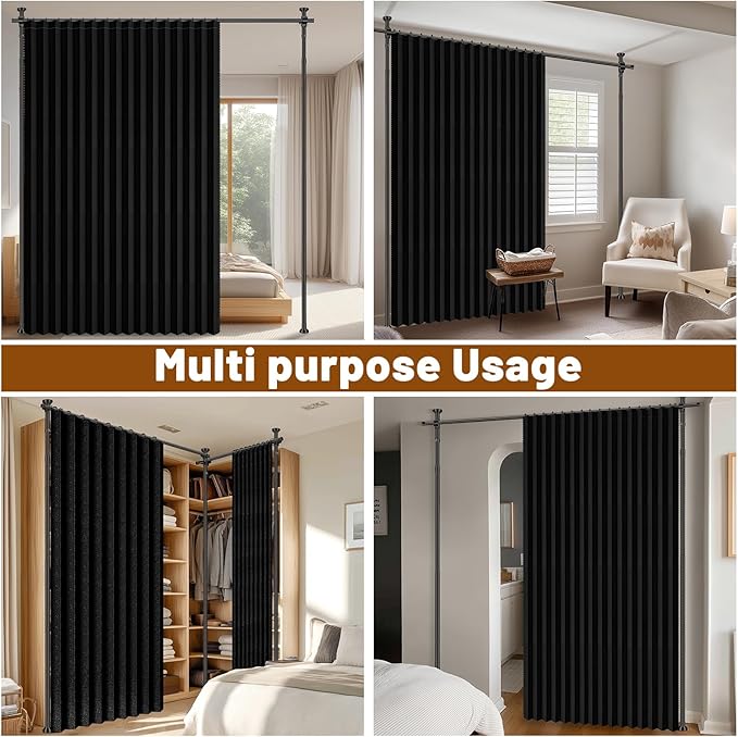 100% Blackout Room Divider Curtains Sets Black 2 Panels W100 x L84in No Drill