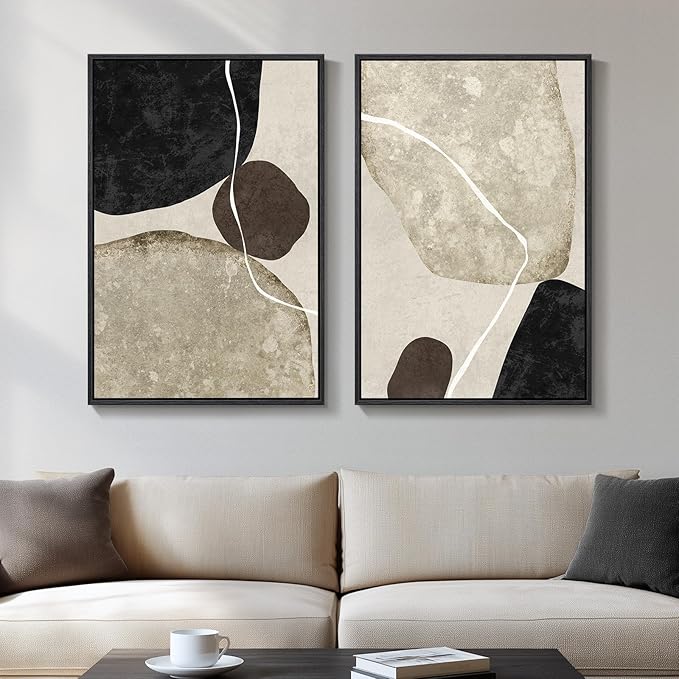 Framed Neutral Abstract Wall Art Set of 2, Modern Black Beige Brown Canvas