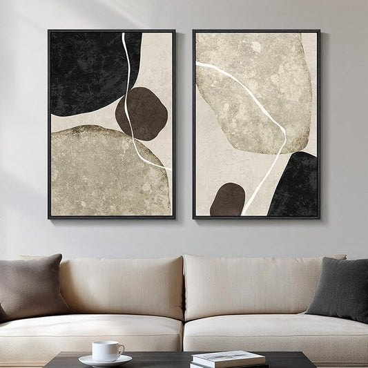 Framed Neutral Abstract Wall Art Set of 2, Modern Black Beige Brown Canvas