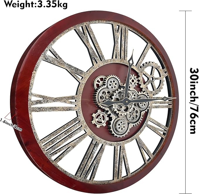 The B-Style Large Real Moving Gears Wall Clock 30 Inch Rustic Retro Industrial