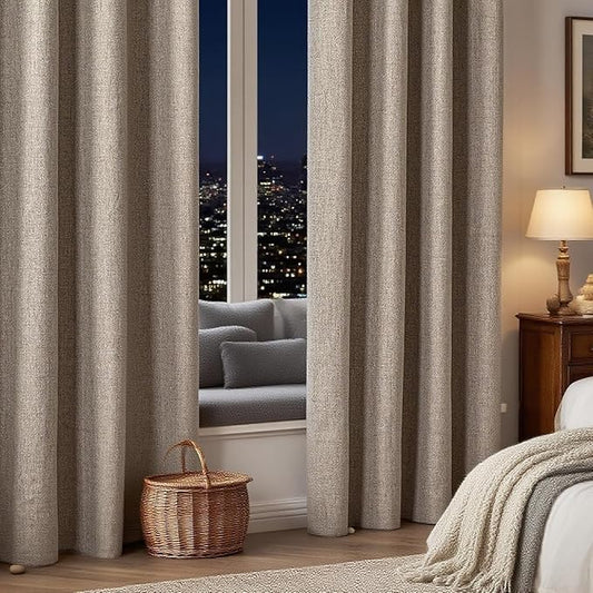IGEMAEVE Linen Blackout Curtains 84 Inch Length 2 Panels Set, 100% Black Out