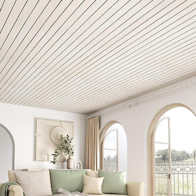 VEELIKE Cream White Oak Wood Slat Wall Panel Peel and Stick 3D Faux Wood Wall