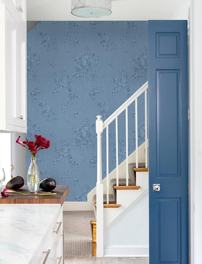 Erfoni 197"x17.7" Grey Blue Peel and Stick Wallpaper Thicken Floral Embossed