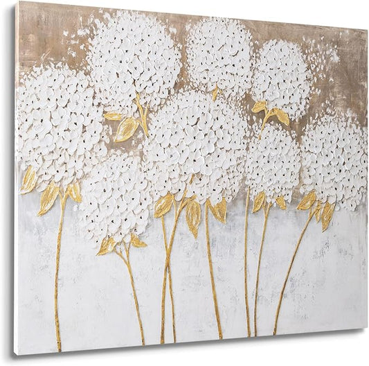 JolyWell White Hydrangea Flower Wall Art, hand-painted Large Canvas Wall Art