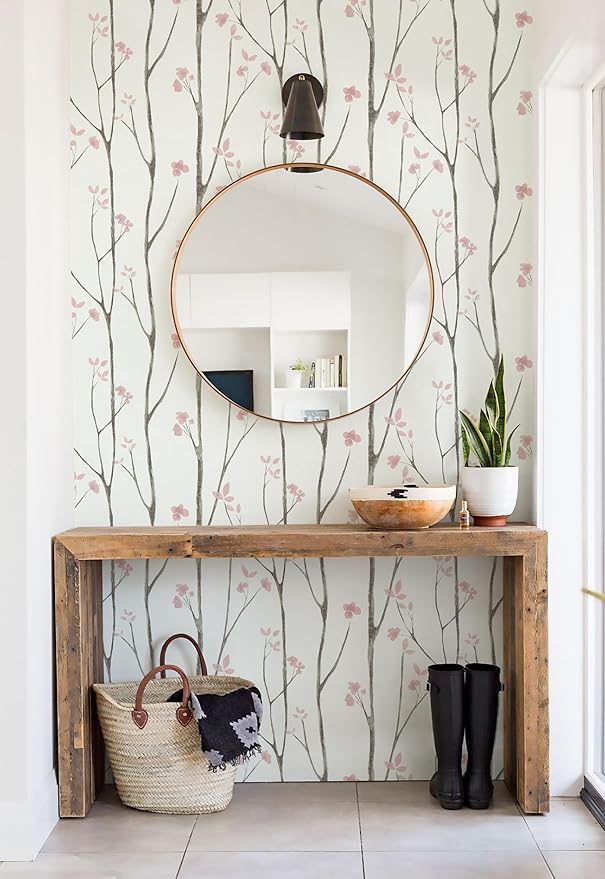 Timeet Floral Wallpaper White and Pink Wall Paper Peel and Stick Modern Contact