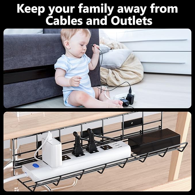 2 Pack DELAMU Under Desk Cable Management Tray, Metal Cord Cable Organizer for Desk, Easy Install Pre-drilled Wire Management Wire Organizer for Office & Home