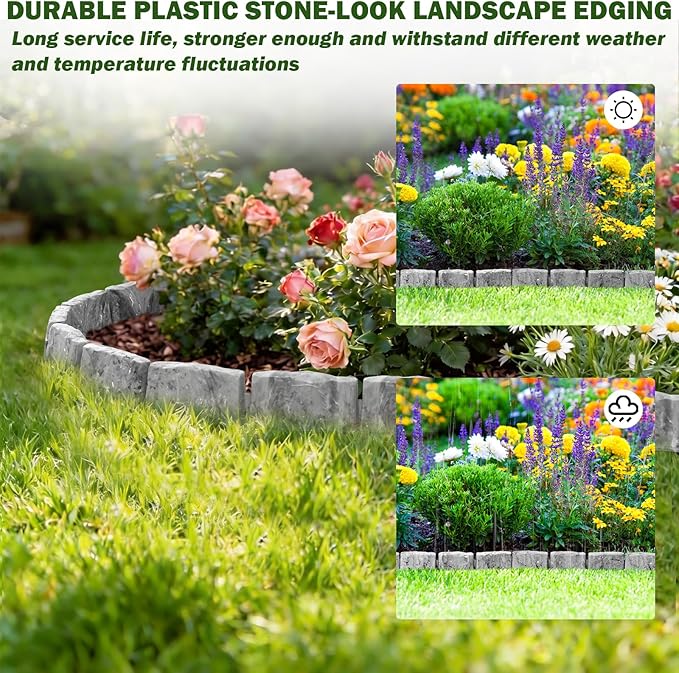Landscape Edging Garden Edging Border Faux Stone Edging,17FT x 2.75 in Tall Decorative Stone-Look Garden Border for Flower Bed Edging,Yard Edging,Lawn Trees and Gardens,with Anchoring Spikes,Gray