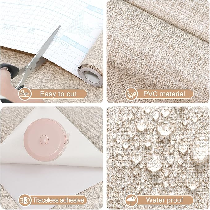 Amiya Grasscloth Khaki Wallpaper 17.3"x120" Peel and Stick Tan Faux Fabric
