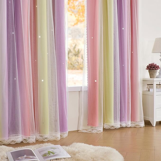 XiDi Curtains for Bedroom Decor, Rainbow Pink PurpleYellow52/90/1