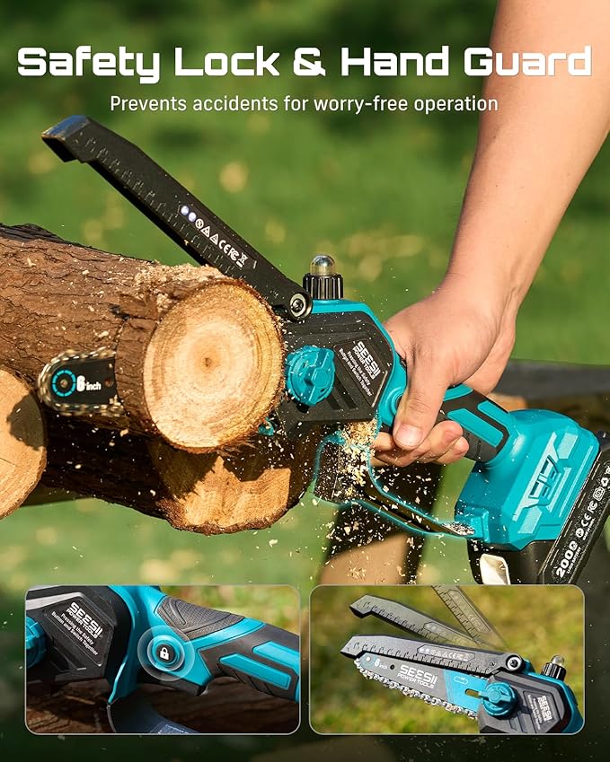 SEESII 2-in-1 Electric Pole Saws: Brushless Mini Chainsaw Cordless 6 Inch, 2 x 4000mAh Batteries, Pole Saw for Tree Trimming,Hand held Small Chain Saw with Extension Pole for Tree Limb Branch Cutter