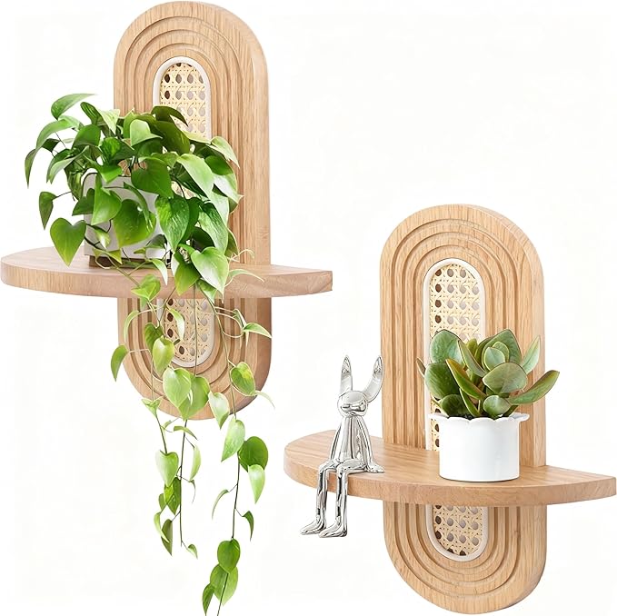 Floating Shelves for Wall, Boho Home Wall Decor, Rattan Plant Shelf Set of 2
