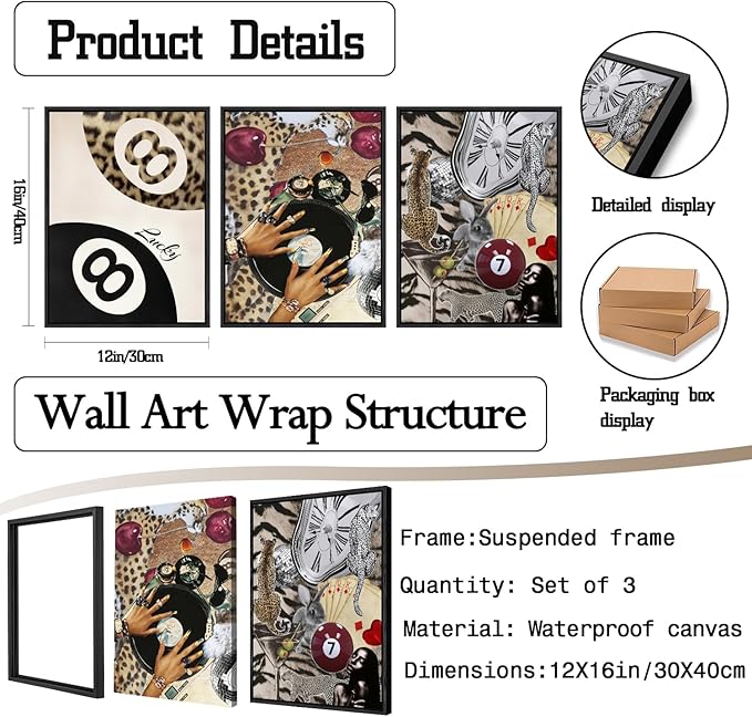 Fashion Cheetah Wall Art Set of 3 Leopard Wall Decor Pictures Lucky 8 Ball