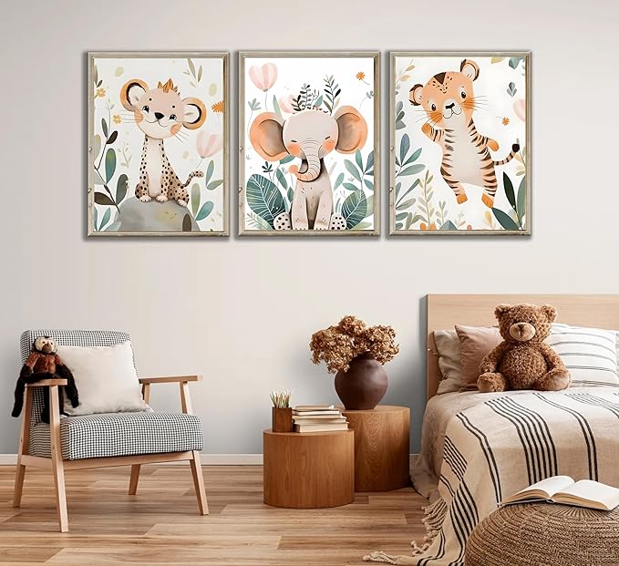 3 Pcs Safari Animals Nursery Canvas Wall Art Jungle Animals Cheetah Elephant