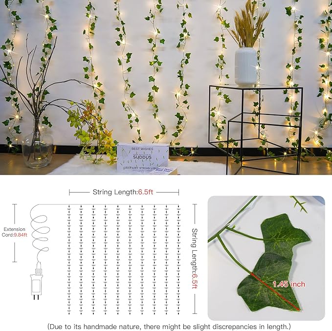 suddus 200 LED Vine with Light Plug in, 6.5ft x 6.5ft Ivy Fairy Curtain Lights