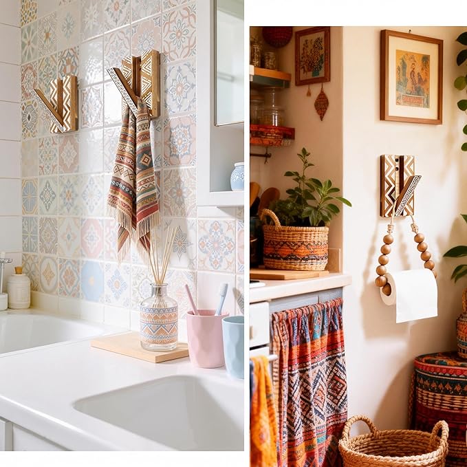 Boho Foldable Wall Hooks: Decorative Wooden Coat Hooks 2Pack Mounted