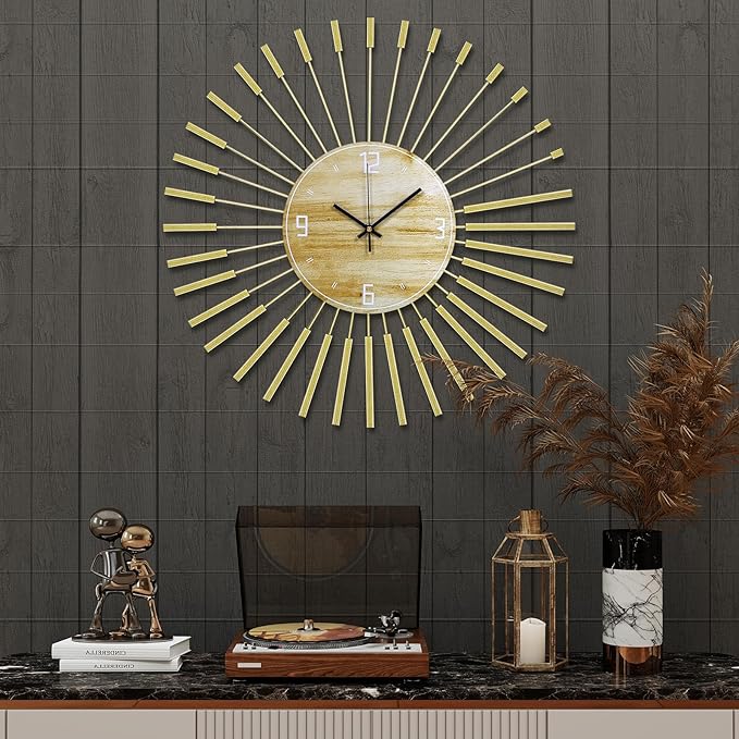 23.6 inch Gold Starburst Wall Clock, Metal & Wood Mid Century Modern Decorative