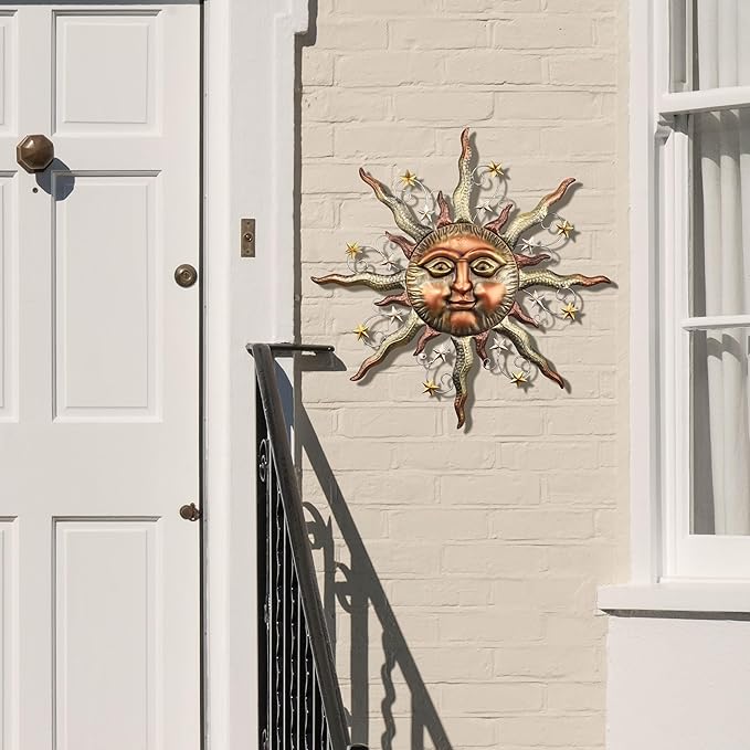 TERESA'S COLLECTIONS Sun Metal Wall Art for Outdoor Decor,32" Bronze Sun Face 3D Wall Decor for Garden Decor,Rustic Retro Hanging Sculpture for Outside Living Room Home Patio Farmhouse Gifts for Mom