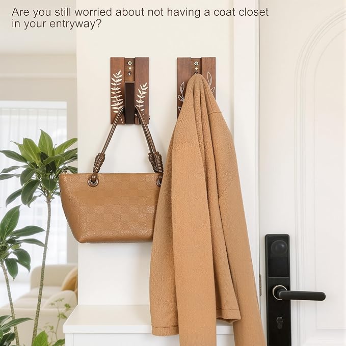 Rustic Folding Wall Hooks: Decorative Wooden Coat Hooks 2Pack Mounted