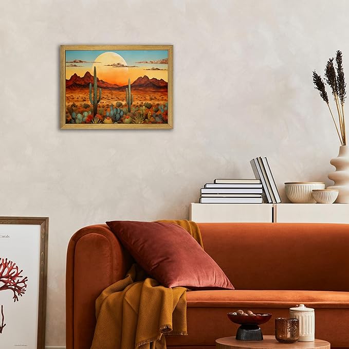 Framed Western Desert Sunset Cactus Wall Art, Vintage Southwest Nature