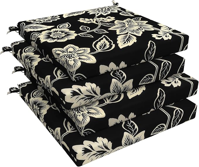 LVTXIII Outdoor Seat Cushions Set of 4 Square Corner Chair Cushions with Ties, Patio Chair Pads for Home Office and Patio Garden Furniture Decoration 19"x19"x2", Elegant Vines Black