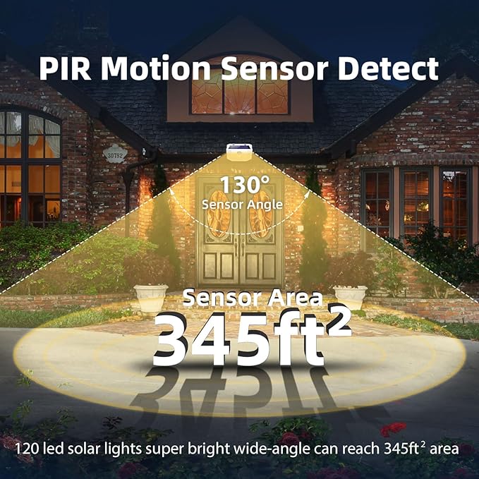 HMCITY 120 LED Solar Lights Outdoor with Motion Sensor and 3 Lighting Modes, IP65 Waterproof Wide Solar Wall Lights Ideal for Garden Patio Yard (Front Button 4Packs, White Shell-Warm White)