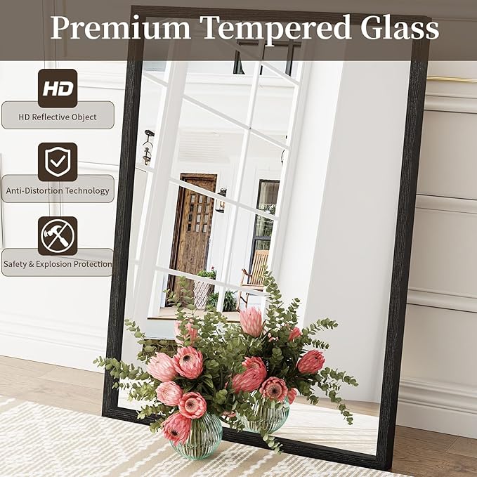 Syndra Black Wood Frame Bathroom Mirror, Waterproof Slim Deep Frame,