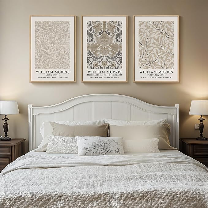 Framed Vintage William Morris Canvas Wall Art Set of 3, Large Neutral Floral