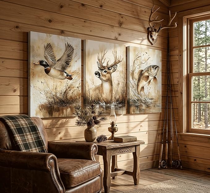 3Pcs Rustic Outdoor Wildlife Canvas Wall Art Watercolor Deer Duck And Fish Wall Decor Pictures Vintage Farmhouse Hunting Posters Prints for Living Room Bathroom Kitche Home Decoration