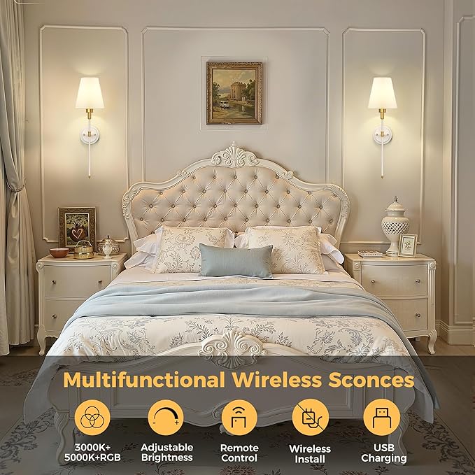 DORESshop Battery Operated Wall Sconce Set of 2, Wireless Wall Light Easy to