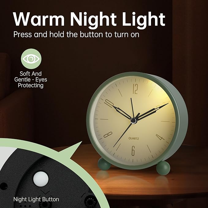 Analog Alarm Clock, 4 inch Super Silent Non Ticking Small Clock with Night Light, Battery Operated, Simple Design, Old Fashioned Style Ideal Decor, for Bedroom, Bedside, Desk, Adult, Kid, Gift, Green
