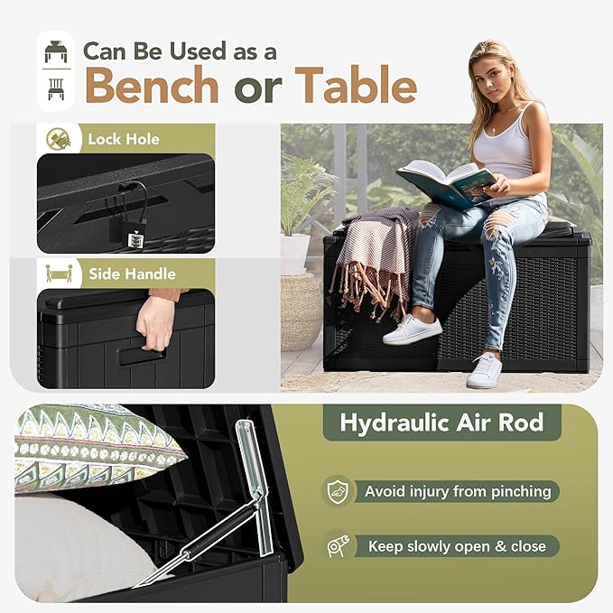 Flamaker Deck Box with Cushion 98 Gallon Waterproof Resin Storage Box with Air Rod Indoor Outdoor Lockable Storage Bench for Patio Furniture, Tools, Pool Accessories (Black)