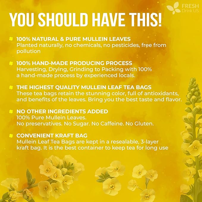 FreshDrinkUS, Premium 15 Mullein Leaf Tea Bags For Lung, 100% Natural & Pure from Mullein Leaves. Loose Leaf Mullein Herbal Tea. Made with Natural Material Tea Bags. No Sugar, No Caffeine, No Gluten, Vegan.