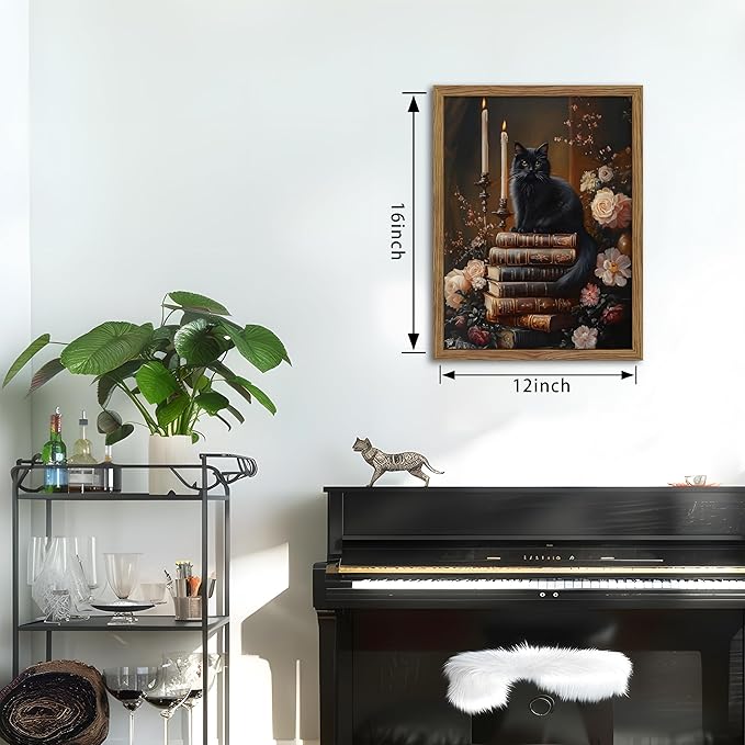 Vintage Dark Academia Framed Wall Art, Victorian Black Cat Floral Canvas Prints