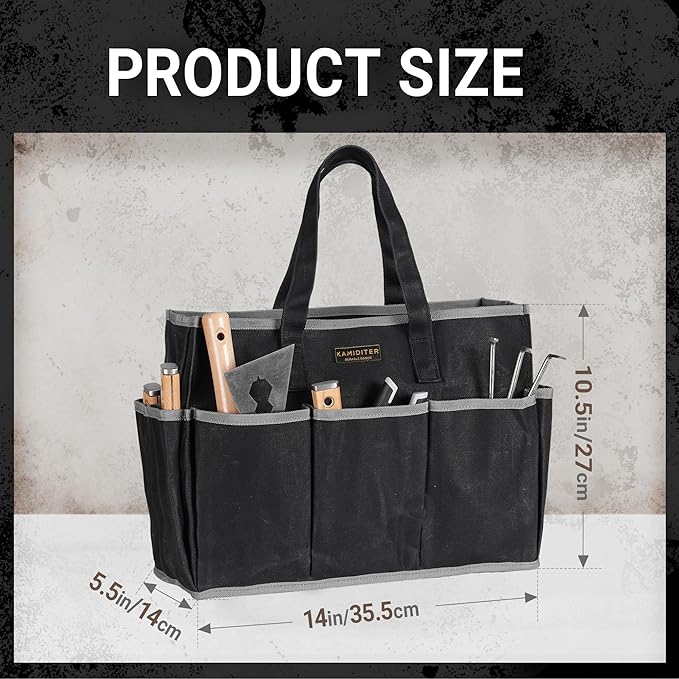 Waxed Canvas Tote Bag, Heavy Duty Multi-Purpose Canvas Tool Bag with 10 Pockets for Screwdrivers/Wrench/Pliers/Electricians Storage, Black