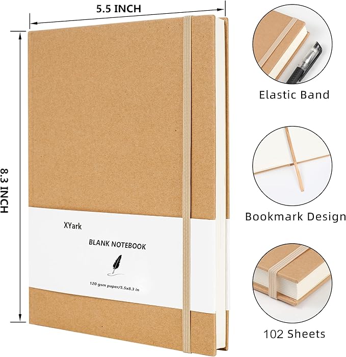 XYark Blank A5 Karft Notebook Journals Bulk, Plain Hardcover Subject Sketchbook Composition Notebooks Planner with Unlined Paper, 2 Pack, 120GSM, 102 Sheets, 5.5x8.3 inch, Travel Journal Set