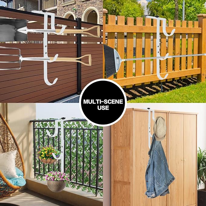2Pcs White Pool Pole Hangers, Adjustable Heavy Duty Swimming Pool Fence Hooks for Pool Equipment, Skimmers, Leaf Rakes, Nets, Brushes, Vacuum Hose, Garden Tool Organizer