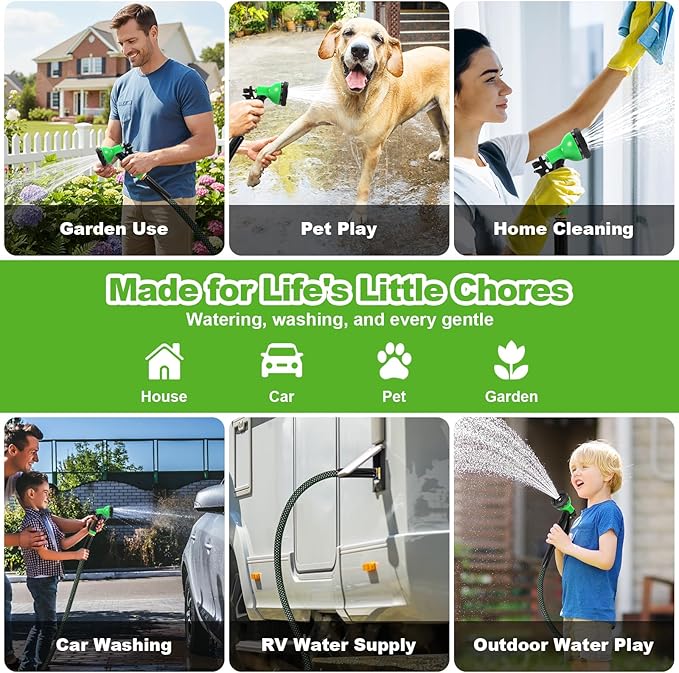 Garden Hose 100ft, Non-Expanding Flexible Hose, Lightweight, Kink Free, Sturdy, Leak-Proof, Portable, Water Hose with 10 Function Nozzle for Outdoor, Yard, Lawn, Car Wash and Camper Use