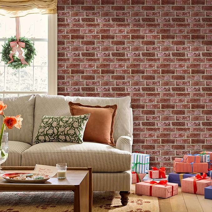 COMSTICKC 3D Red Brick Wall Panels Peel and Stick Tiles, Small Size Thin PVC