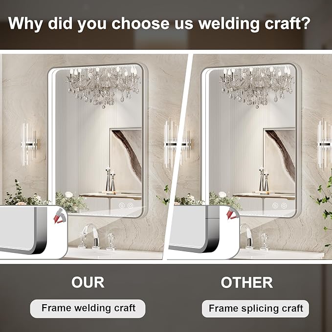 28x36 Inch LED Mirror for Bathroom, Brushed Sliver Metal Frame Lighted Vanity