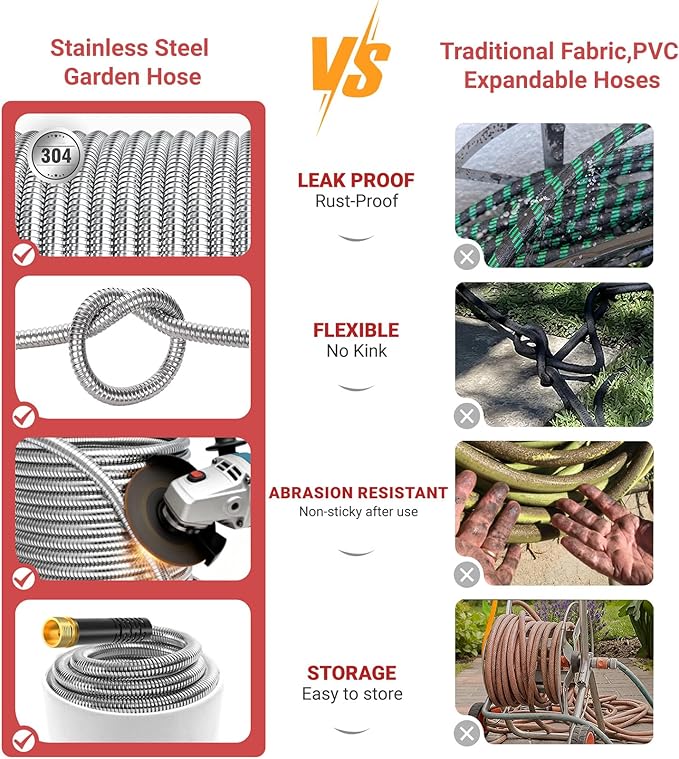 Lefree 125ft Stainless Steel Garden Hose - No-Kink Leak-Proof Crush Resistant, Dog Chew Proof with Upgraded Protective Rubber Sleeve, 10-Function Nozzle for Large Yard, Gardening, RV, Pet Bath