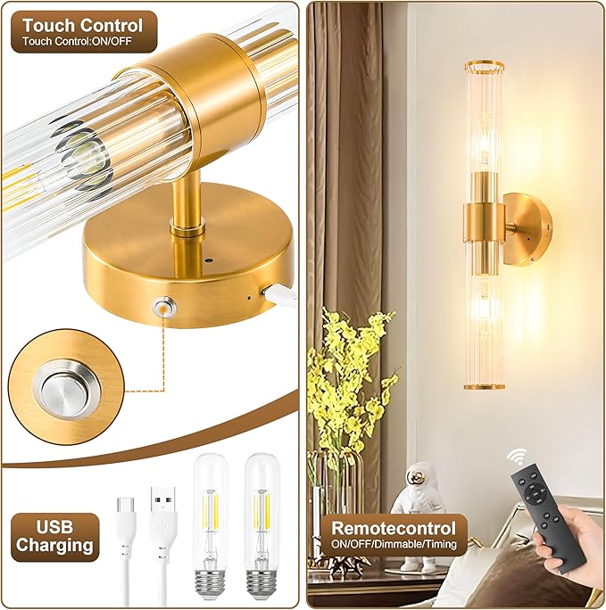 Morauroral Gold Battery Operated Wall Sconces Set of Two, Rechargeable Wall