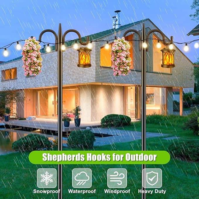 Gtongoko Bird Feeder Pole for Outdoors Heavy Duty, 63 Inch Double Shepherds Hook with 5-Prong Stable Base, 5/8 Inch Thick Hummingbird Feeder Stand for Hanging Plants, Lanterns, 1 Pack