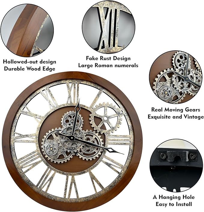 The B-Style Large Wall Clock 24 inch Moving Gear Wall Clock Oversized Vintage
